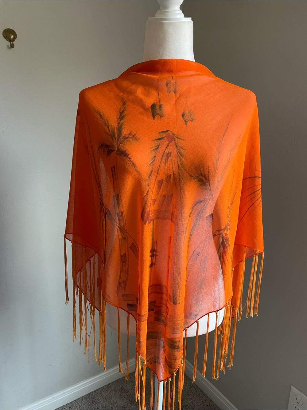 Vibrant Orange Fringe Shawl or Triangle wrap scarf with Handpainted Beach Motif